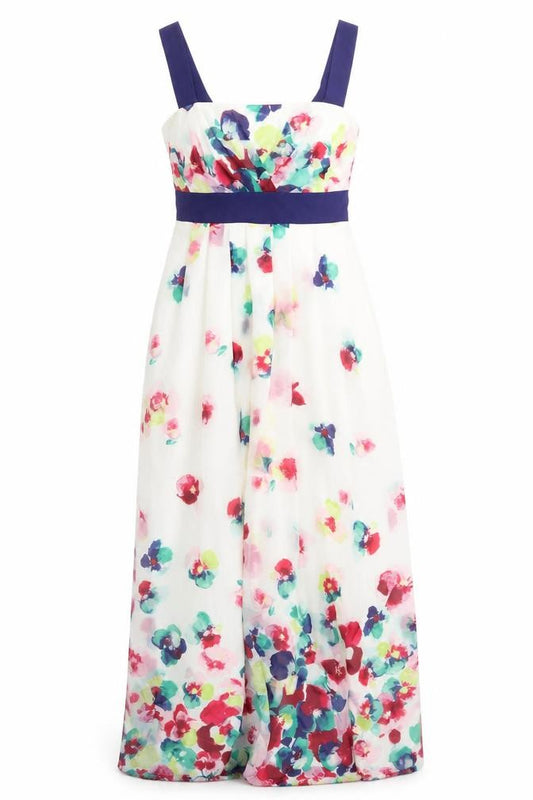 Front view of Monsoon women’s multicoloured floral polyester a-line, size UK 8, square neck zip