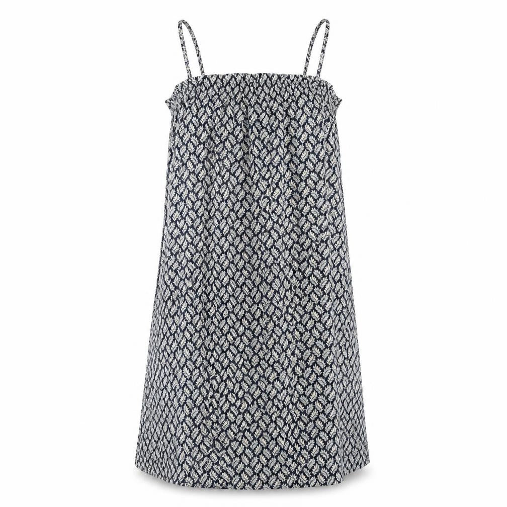Front view of H&M women’s blue geometric polyester a-line, size S, square neck pullover