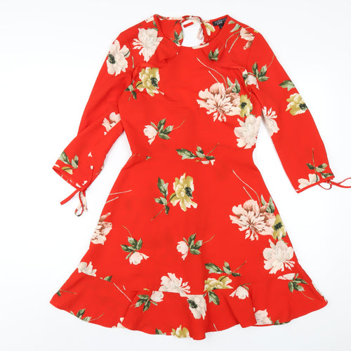Topshop Womens Red Floral Polyester A-Line Size 8 Round Neck Zip