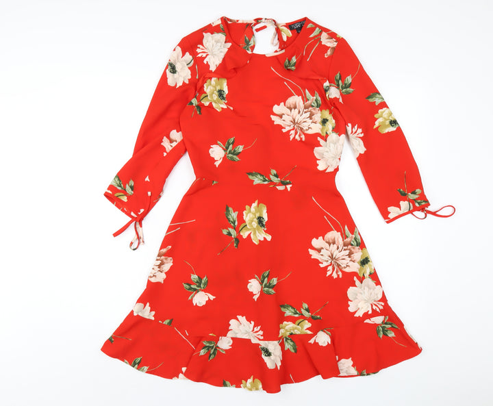 Topshop Womens Red Floral Polyester A-Line Size 8 Round Neck Zip