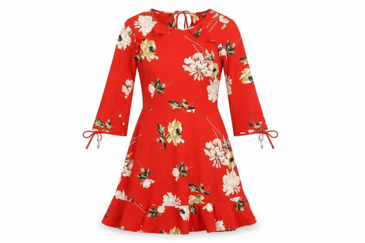 Front view of Topshop women’s red floral polyester a-line, size UK 8, round neck zip
