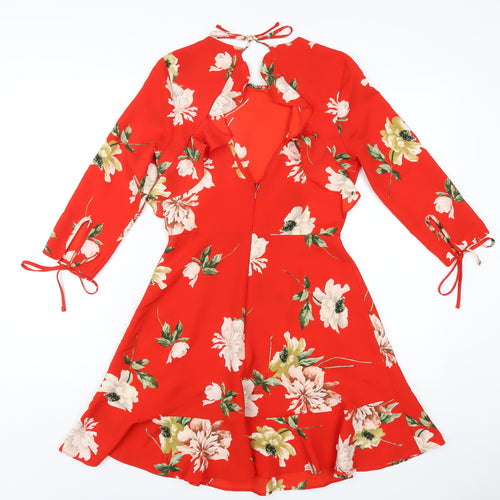 Topshop Womens Red Floral Polyester A-Line Size 8 Round Neck Zip