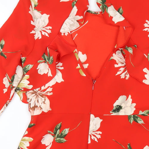 Topshop Womens Red Floral Polyester A-Line Size 8 Round Neck Zip