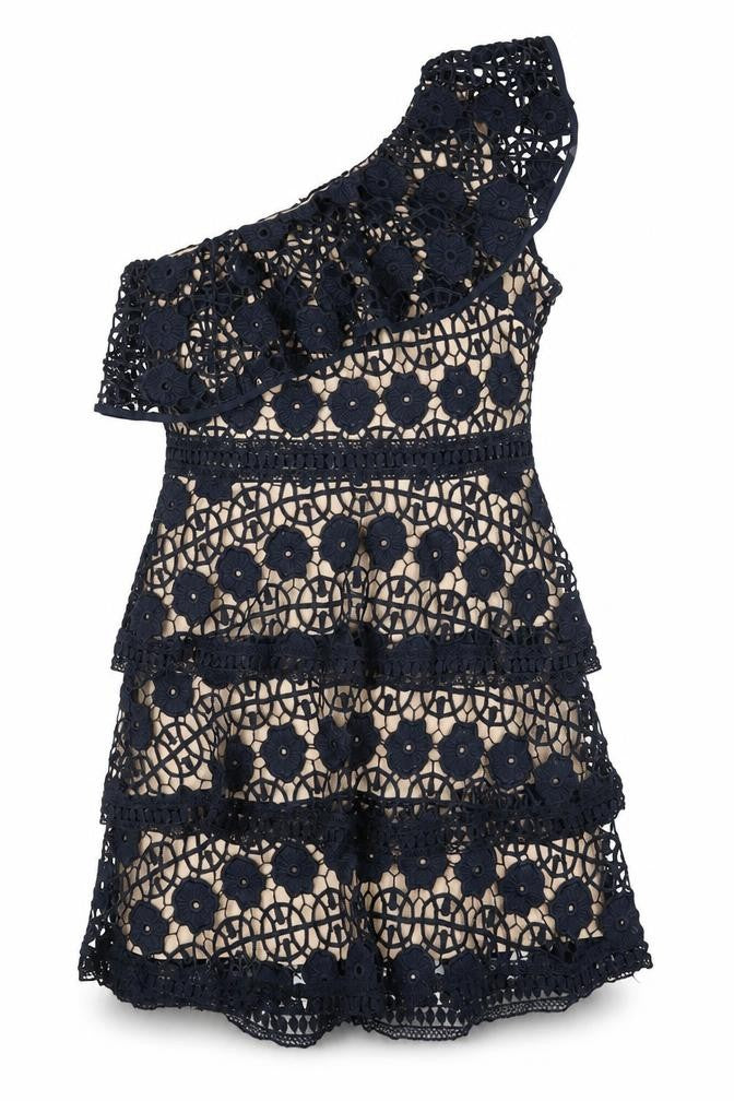 Front view of AX Paris women’s blue polyester a-line, size UK 10, one shoulder zip
