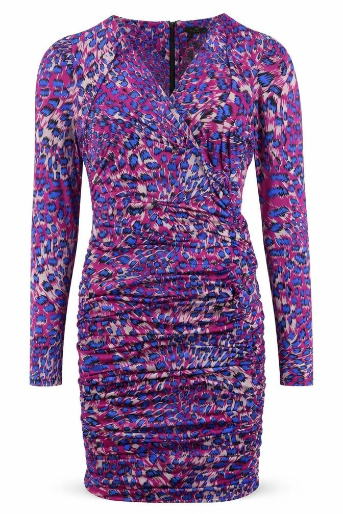 Front view of Jenerique women’s multicoloured geometric polyester bodycon, size UK 14, v-neck zip