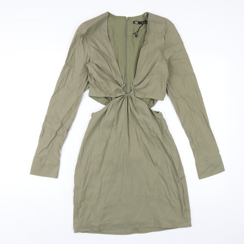 Zara Womens Green Polyester A-Line Size M V-Neck Zip