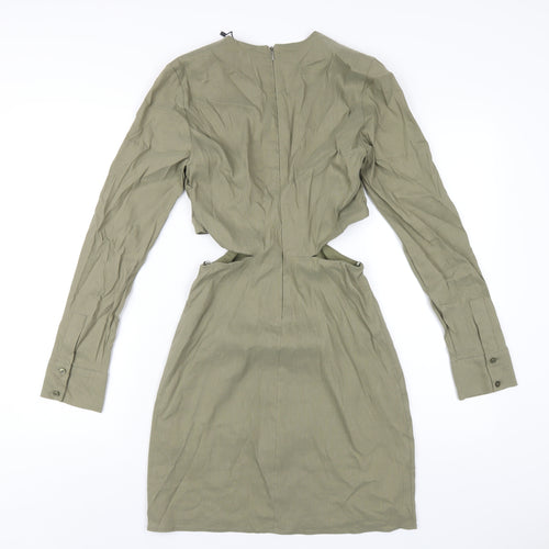 Zara Womens Green Polyester A-Line Size M V-Neck Zip
