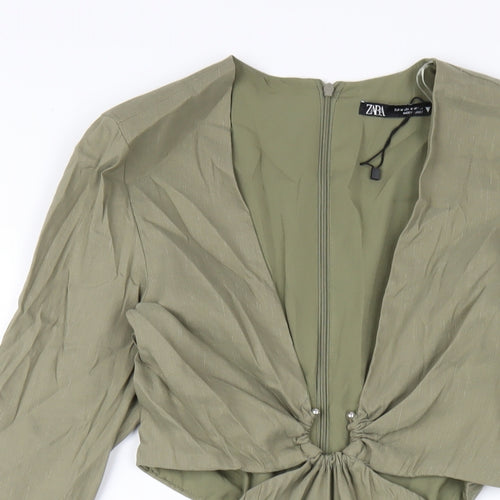 Zara Womens Green Polyester A-Line Size M V-Neck Zip