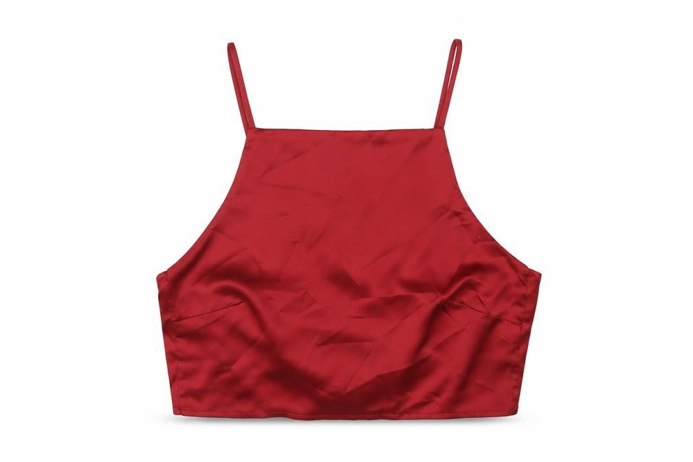 Front view of Glamorous women’s red polyester cropped t-shirt, size UK 8, square neck