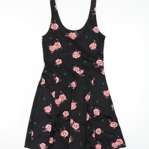 H&M Womens Black Floral Polyester A-Line Size 8 Scoop Neck Pullover