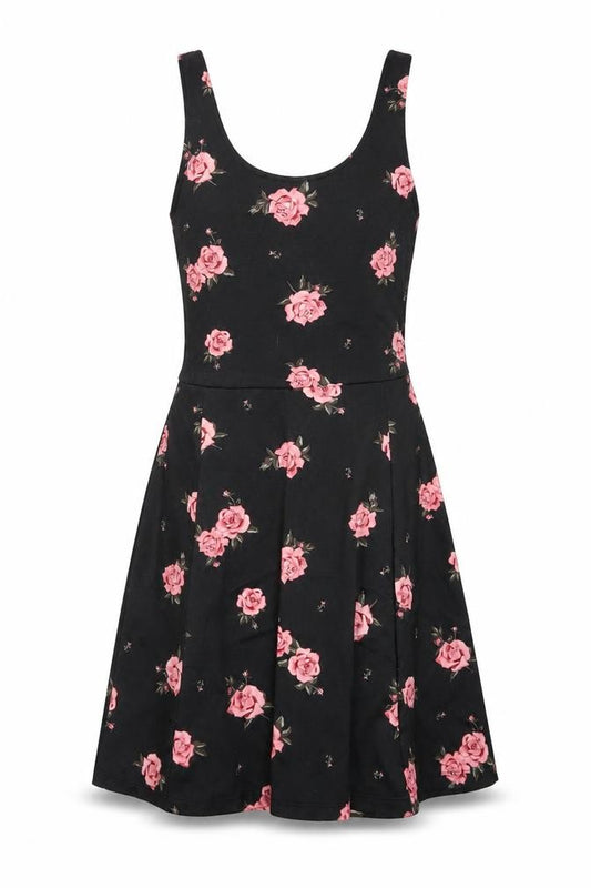 Front view of H&M women’s black floral polyester a-line, size UK 8, scoop neck pullover