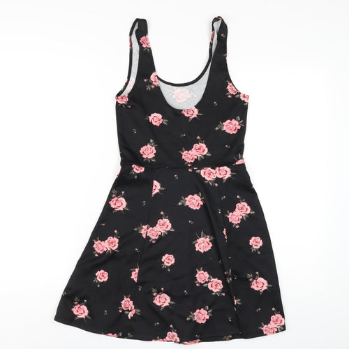 H&M Womens Black Floral Polyester A-Line Size 8 Scoop Neck Pullover