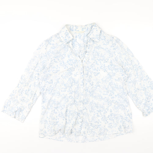 Marks and Spencer Womens Blue Geometric Cotton Basic Button-Up Size 10 Collared