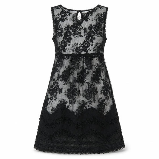 Front view of Warehouse women’s black polyester a-line, size UK 12, round neck button