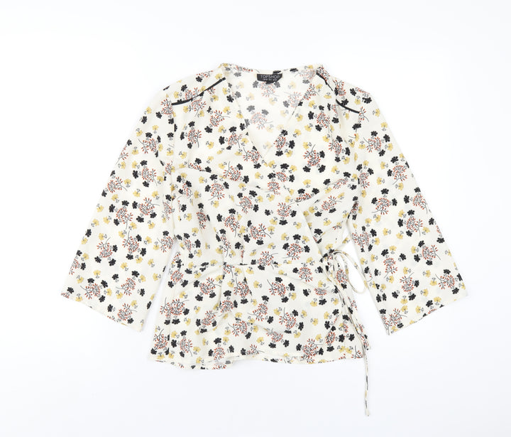 Topshop Womens Ivory Floral Polyester Wrap Blouse Size 10 V-Neck