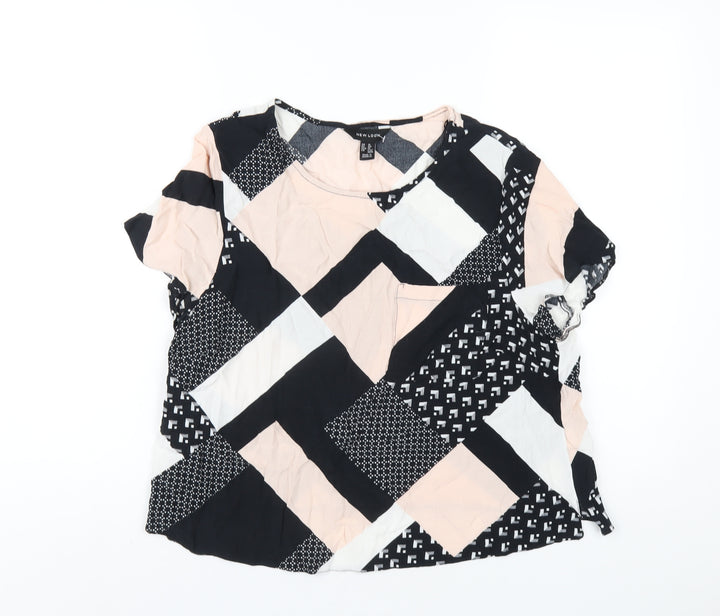 New Look Womens Multicoloured Geometric Viscose Basic T-Shirt Size 16 Round Neck