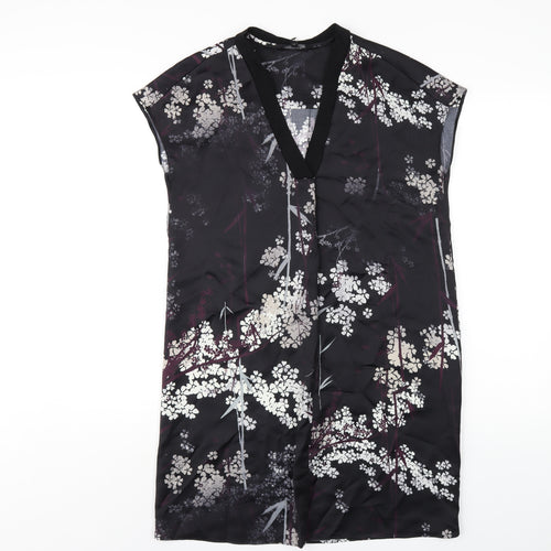 NEXT Womens Black Floral Polyester A-Line Size 8 V-Neck Pullover