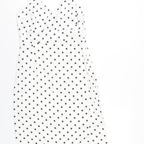 New Look Womens White Polka Dot Polyester A-Line Size 10 V-Neck Zip
