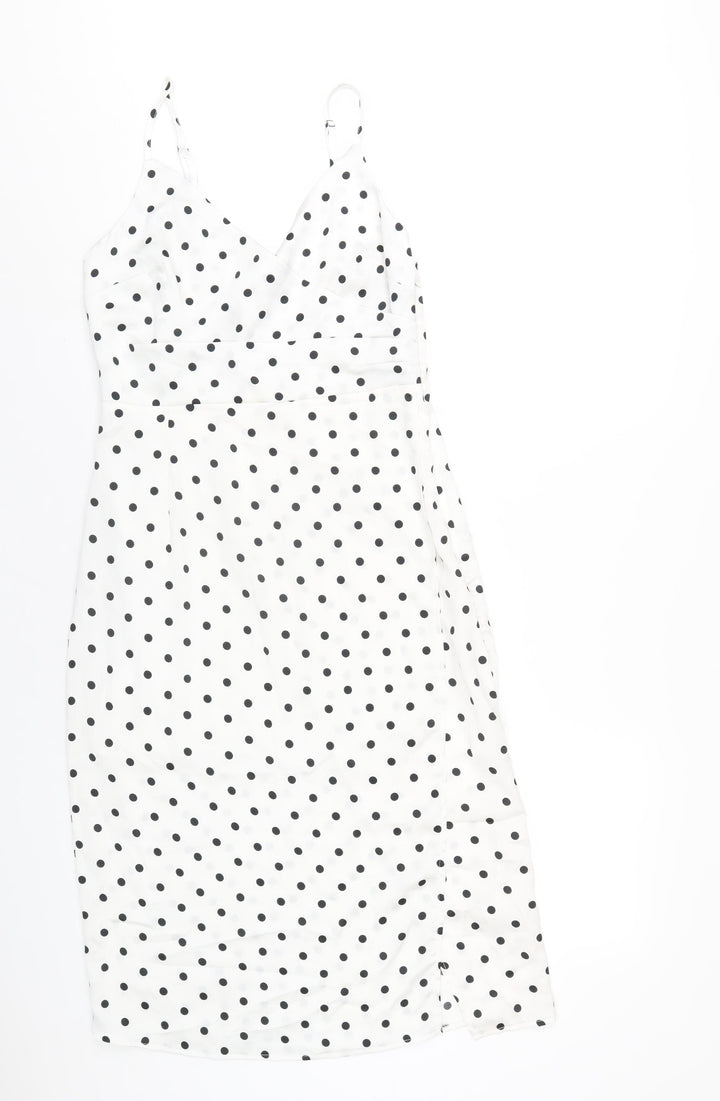 New Look Womens White Polka Dot Polyester A-Line Size 10 V-Neck Zip