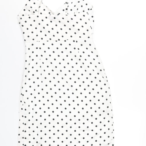 New Look Womens White Polka Dot Polyester A-Line Size 10 V-Neck Zip
