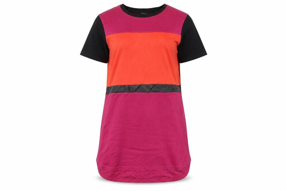Front view of River Island women’s multicoloured polyamide t-shirt dress, size UK 10, round neck pullover