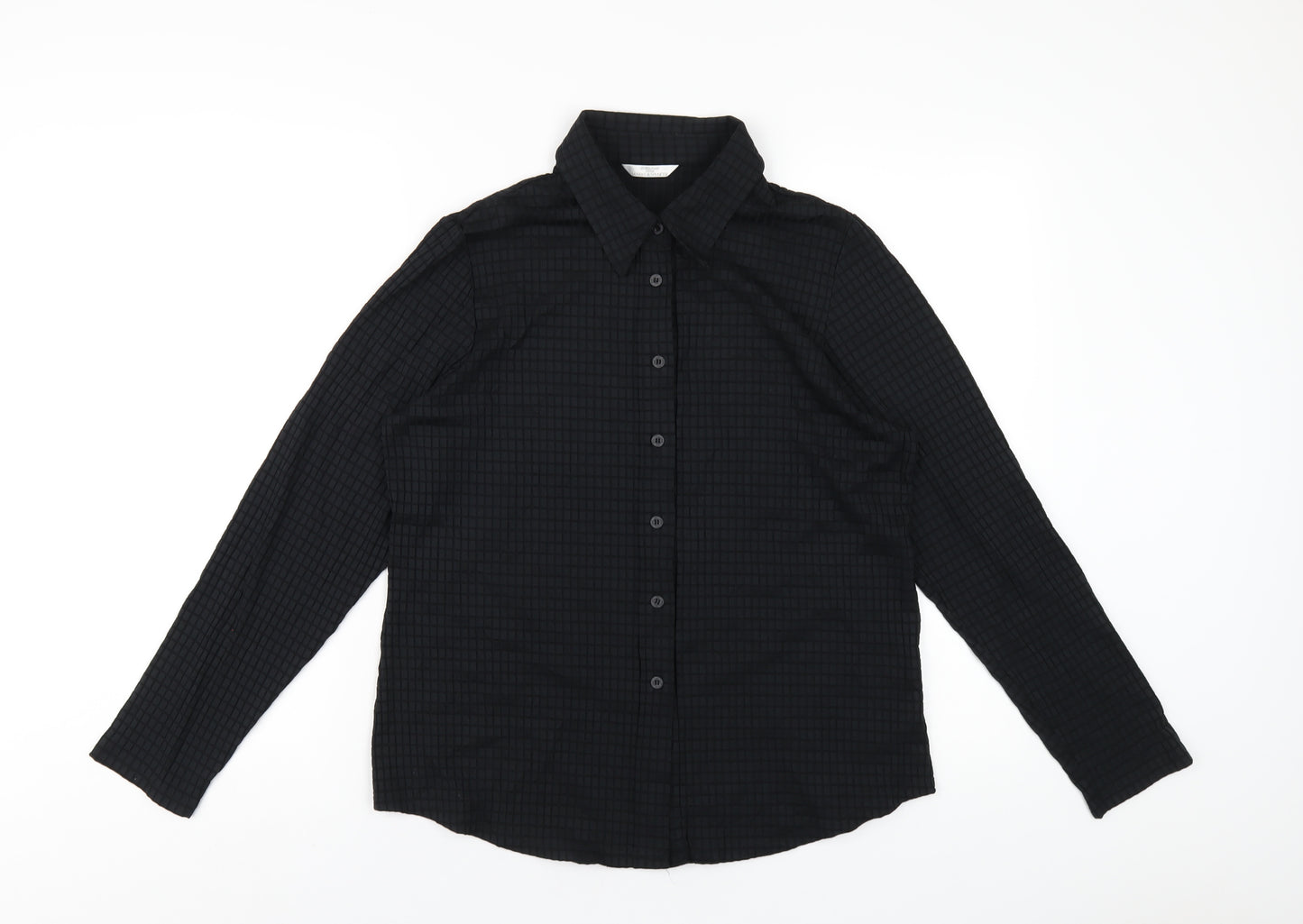 Marks and Spencer Womens Black Nylon Basic Button-Up Size 16 Collared