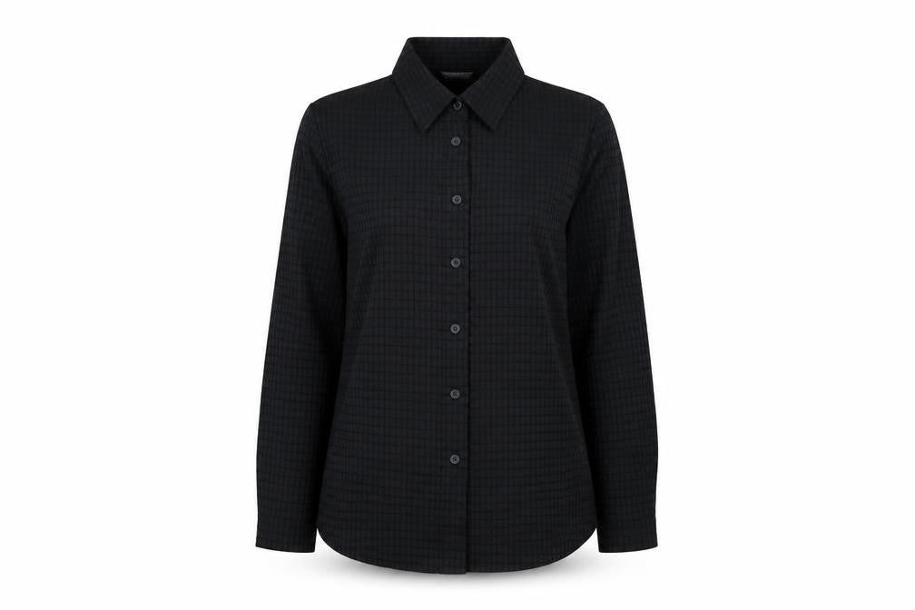 Front view of Marks & Spencer women’s black nylon basic button-up, size UK 16, collared