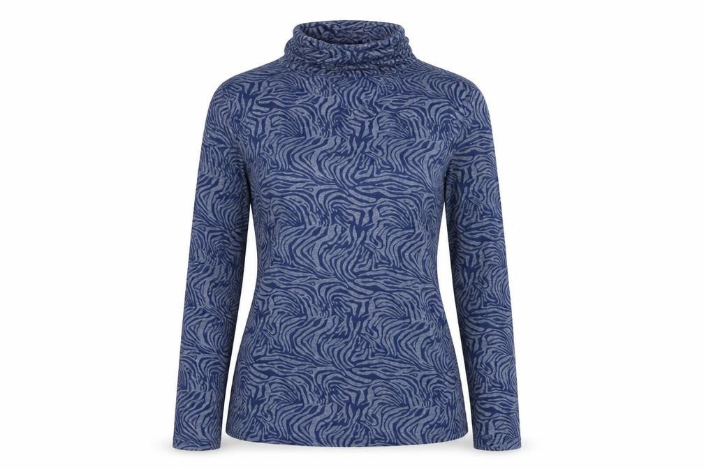 Front view of Daphnea women’s blue geometric cotton basic t-shirt, size M, roll neck