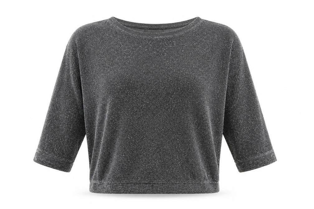 Front view of Pussycat London women’s silver polyester basic t-shirt, size UK 10, round neck