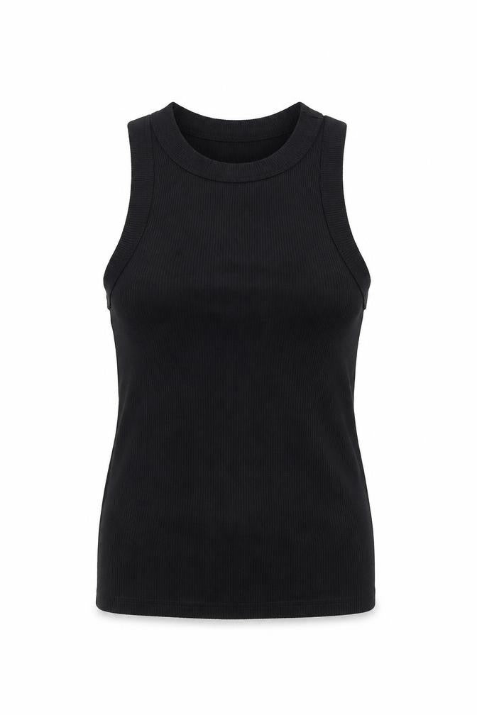 Front view of Boohoo women’s black polyester basic tank, size UK 12, round neck