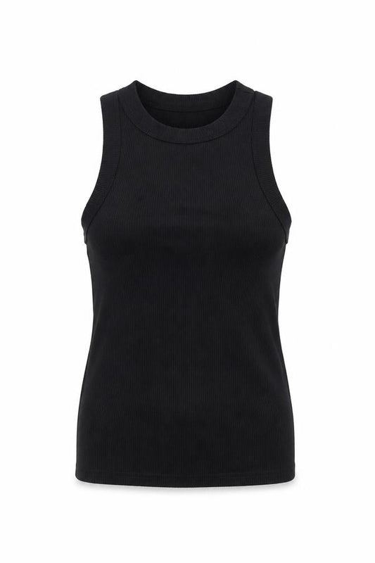 Front view of Boohoo women’s black polyester basic tank, size UK 12, round neck