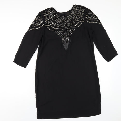 H&M Womens Black Polyester A-Line Size 10 Round Neck Button - Beaded Front