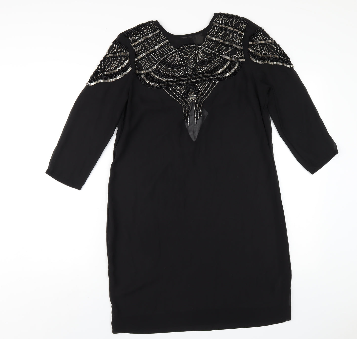 H&M Womens Black Polyester A-Line Size 10 Round Neck Button - Beaded Front
