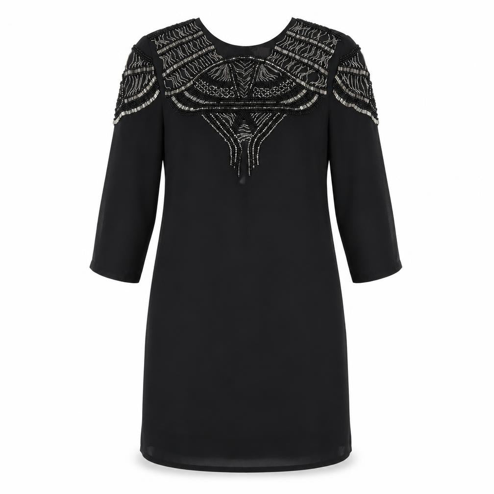 Front view of H&M women’s black polyester a-line, size UK 10, round neck button - beaded front