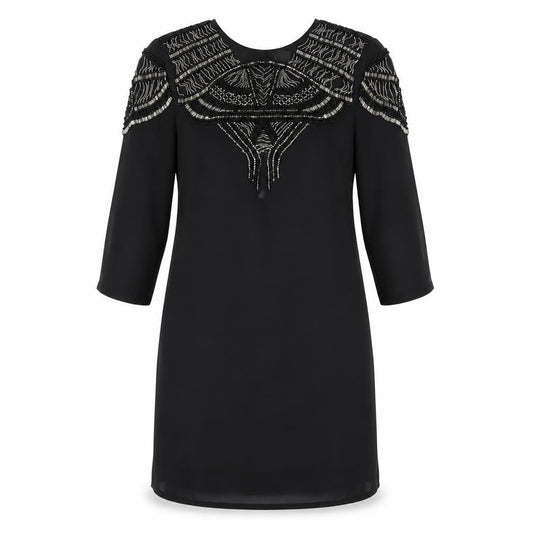 Front view of H&M women’s black polyester a-line, size UK 10, round neck button - beaded front
