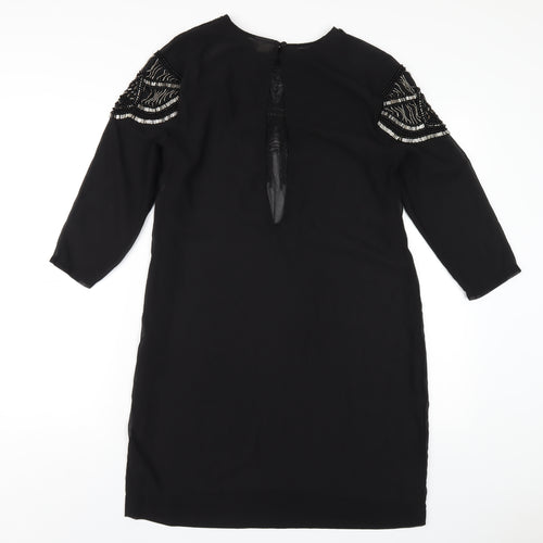 H&M Womens Black Polyester A-Line Size 10 Round Neck Button - Beaded Front
