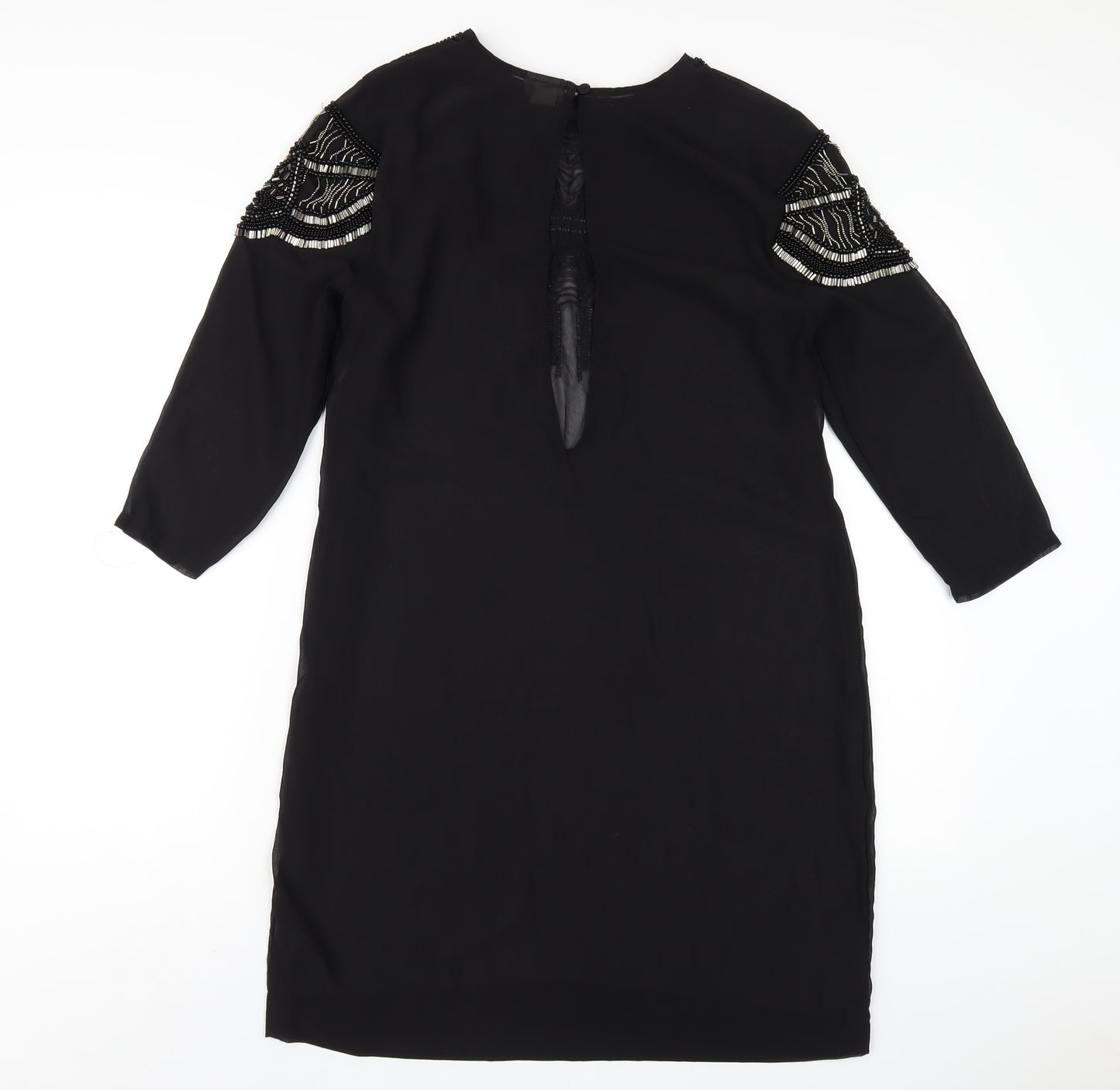 H&M Womens Black Polyester A-Line Size 10 Round Neck Button - Beaded Front