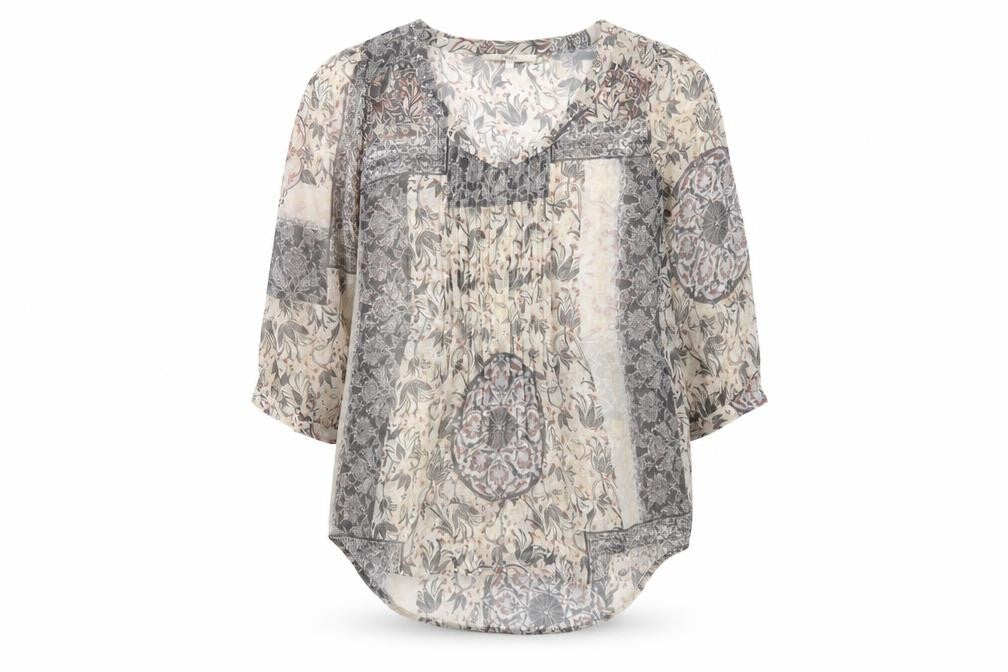 Front view of Next women’s grey geometric polyester basic blouse, size UK 12, v-neck