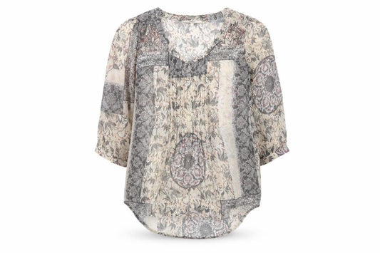 Front view of Next women’s grey geometric polyester basic blouse, size UK 12, v-neck