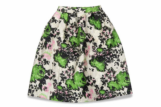 Front view of Next women’s multicoloured geometric polyester a-line skirt, size UK 10, zip