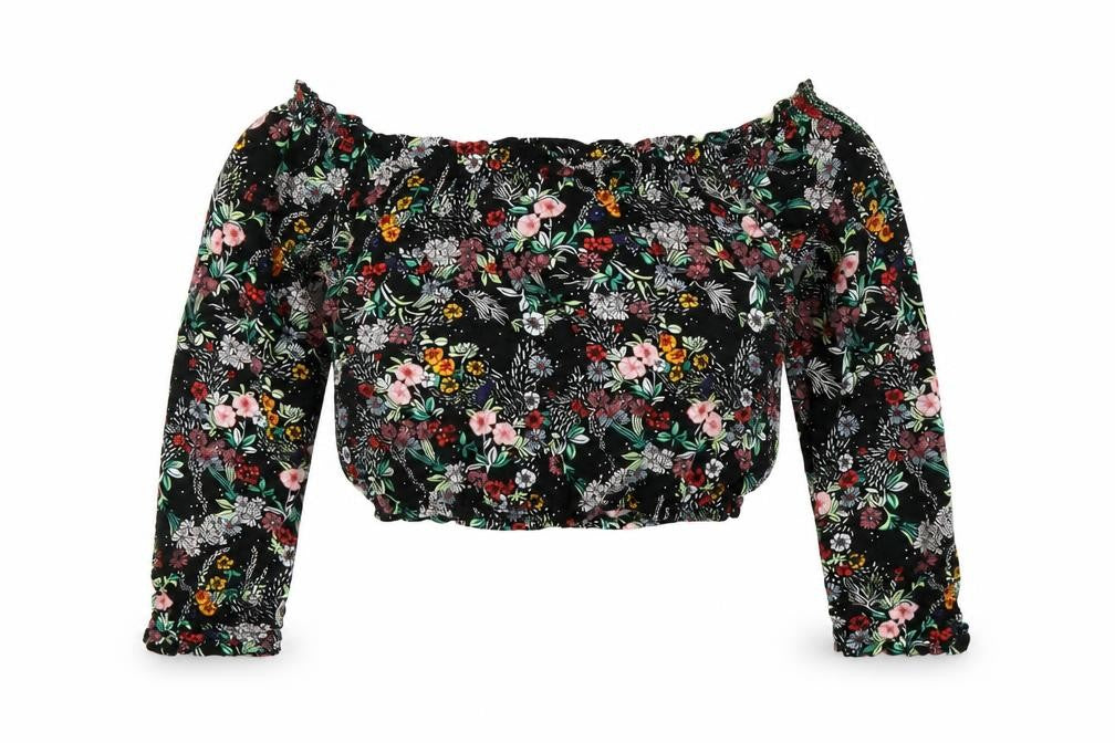H&M Womens Black Floral Viscose Basic T-Shirt Size 6 Off the Shoulder