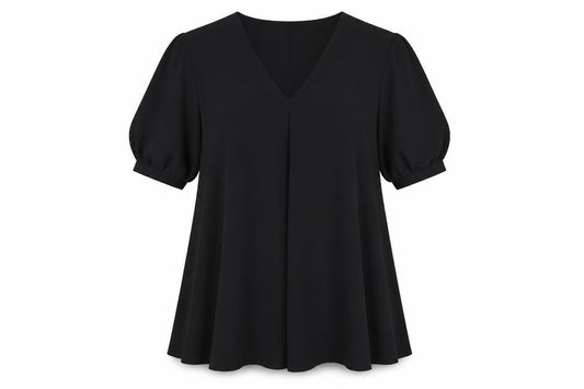 Front view of ASOS women’s black polyester a-line, size UK 6, v-neck pullover