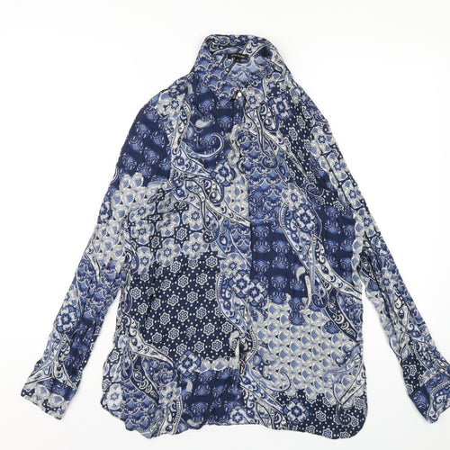 River Island Womens Blue Geometric Viscose Basic Button-Up Size 10 Collared