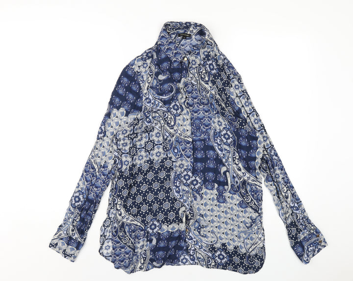 River Island Womens Blue Geometric Viscose Basic Button-Up Size 10 Collared