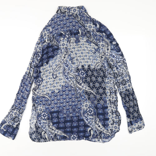 River Island Womens Blue Geometric Viscose Basic Button-Up Size 10 Collared