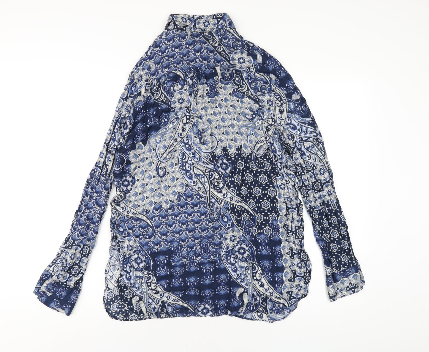 River Island Womens Blue Geometric Viscose Basic Button-Up Size 10 Collared