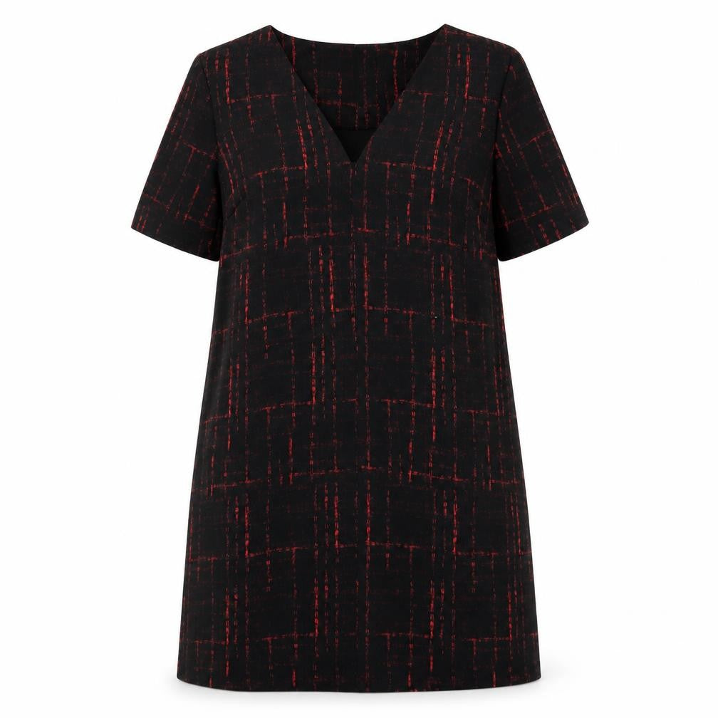 Front view of Fenn Wright Manson women’s black geometric polyester a-line, size UK 18, round neck zip