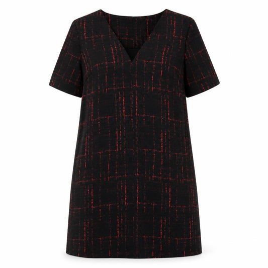 Front view of Fenn Wright Manson women’s black geometric polyester a-line, size UK 18, round neck zip
