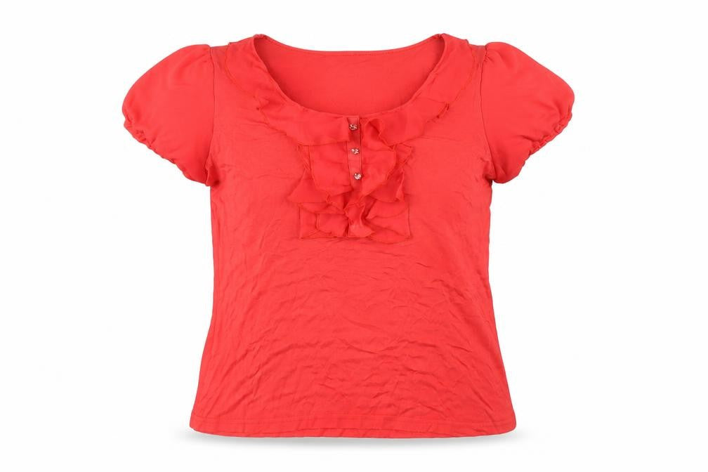 Front view of David Emanuel women’s red viscose basic t-shirt, size UK 14, scoop neck