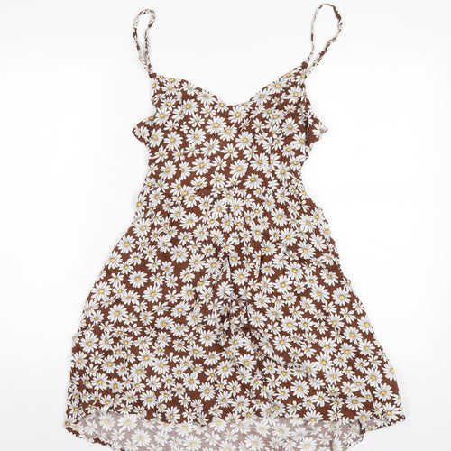 H&M Womens Brown Floral Viscose A-Line Size 10 V-Neck Pullover